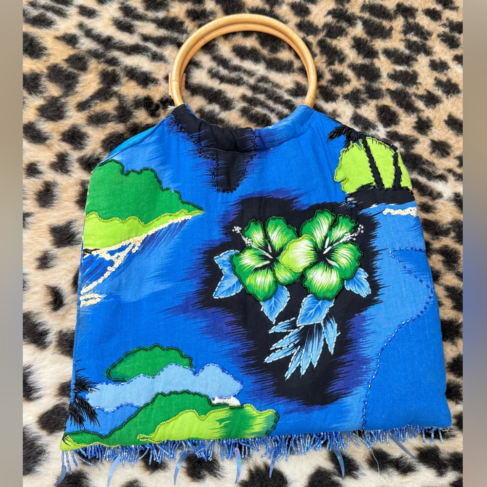 Blue and Green Floral Bag with Wooden Handles